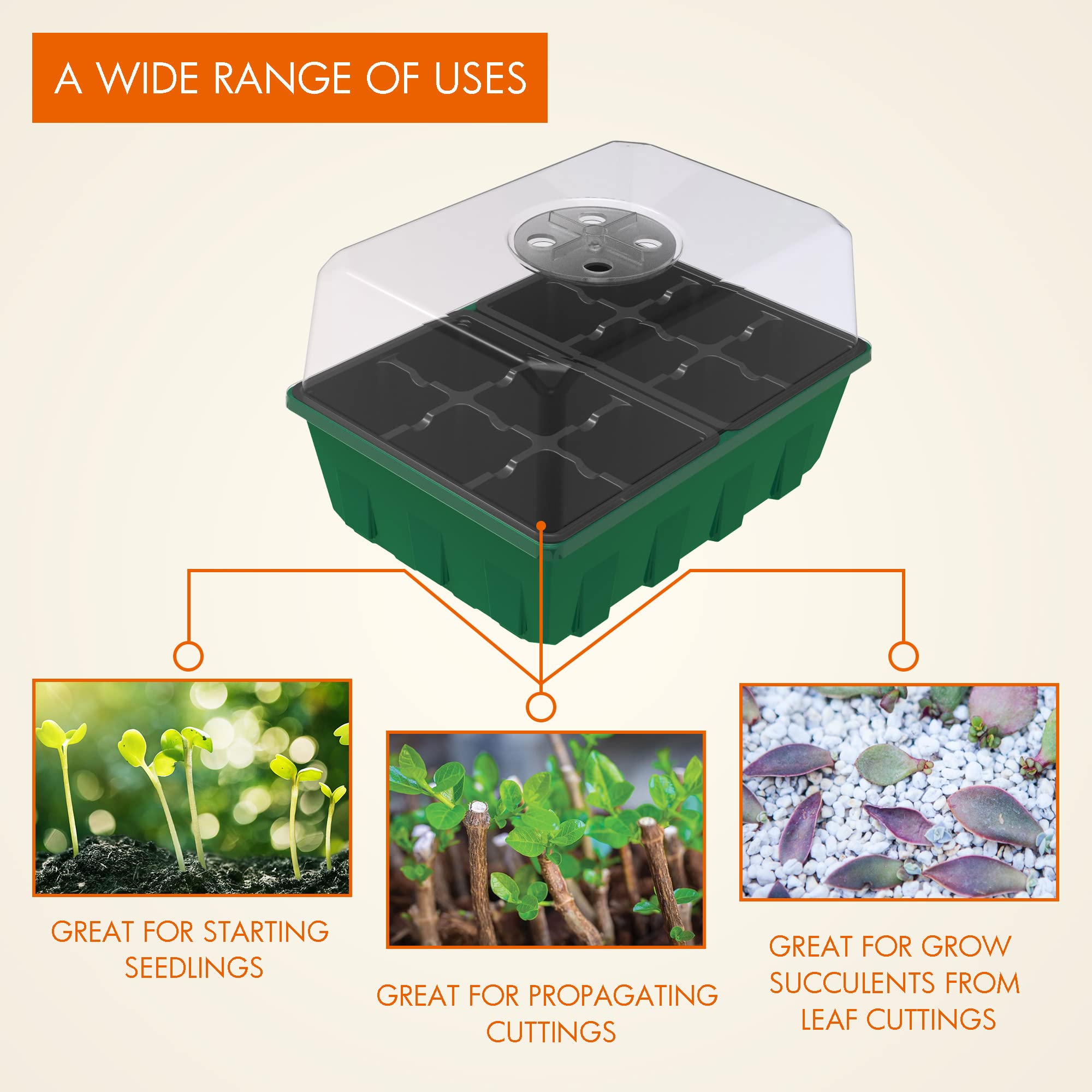 Gardzen 5-Set Seed Starter Tray Kits, Durable Plant Germination Trays with Humidity Vented Domes and Bases, Ideal for Seed Starting, Indoor Gardening, and Greenhouse (Total 200 Cells) | Durable Plant Germination Kit with Humidity Control Domes for Indoor