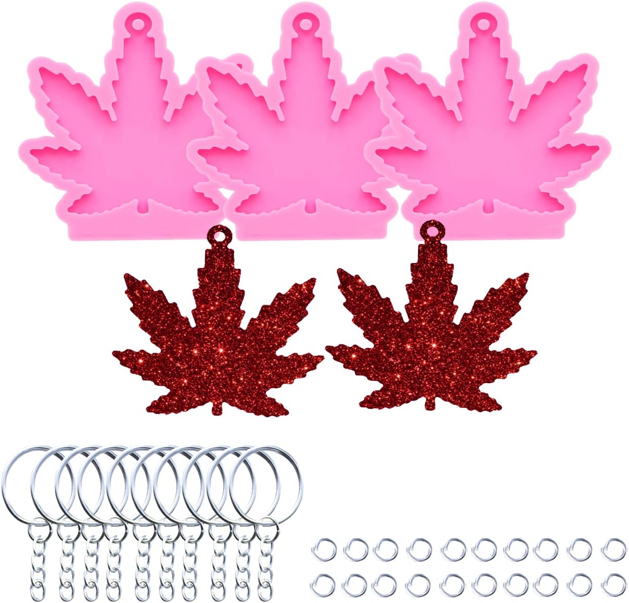 3pc Marijuana Silicone Keychain Mold, Pot Leaf Hemp Resin Epoxy Molds with 10Pc Key Ring (DY0156+DY0156+DY0156+PJ)