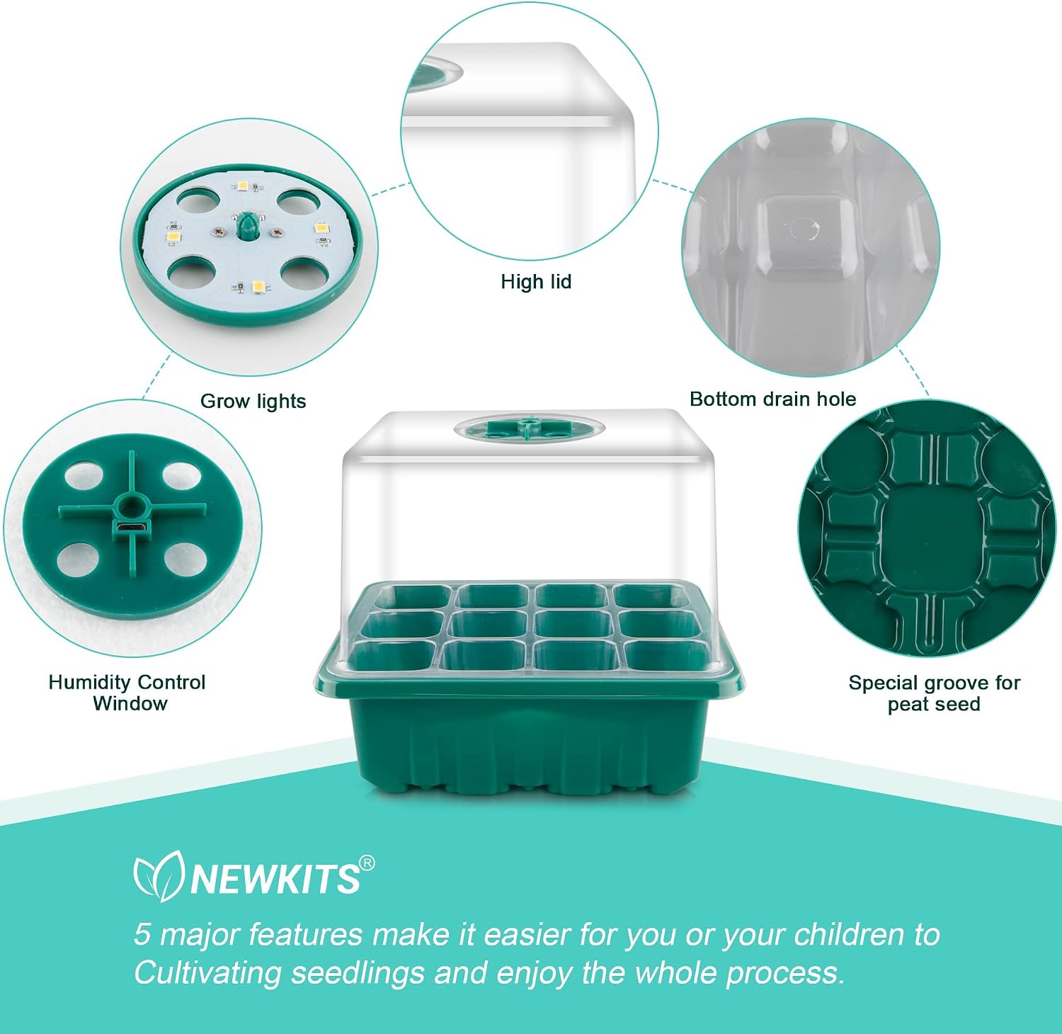 Seed Starter Tray with Grow Light, Seed Starter Kit, Plant Germination Starting Trays with Humidity Dome and Base for Greenhouse Grow Wheatgrass Hydroponic(12 Cells per Tray)