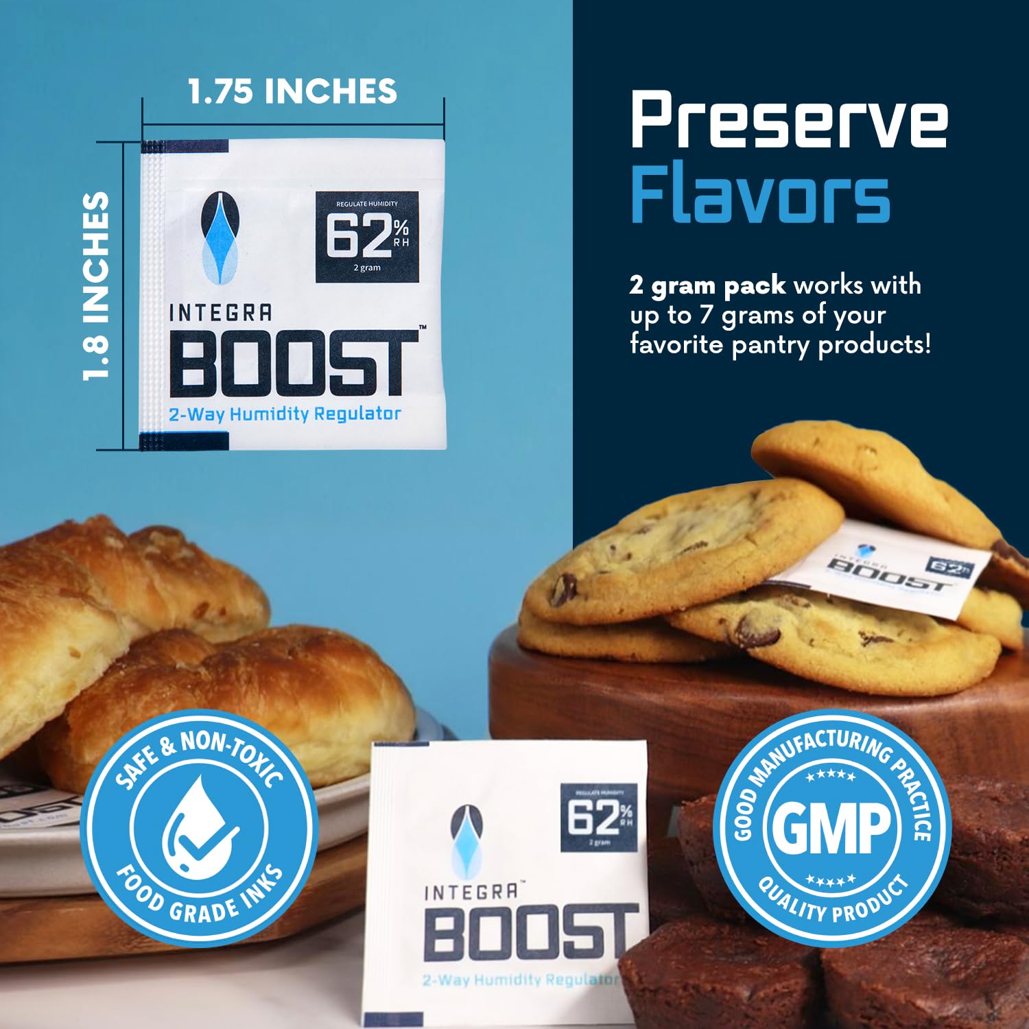 Integra Boost 62% RH 2-Way Humidity Control Pack, 2g, Pack of 6 | Two way Moisture Absorber for Herbs, Spices & Food Storage, Preserves Flavor, Includes Humidity Indicator Cards