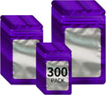 300 Pack 3 Sizes Resealable Mylar Holographic Bags Food Storage Smell Proof Bags with Front Window Packaging Pouch for Cookies Sample Jewelry Snack (Purple, 3 x 4.7 in,4 x 6 in,4.7 x 7.9 in)