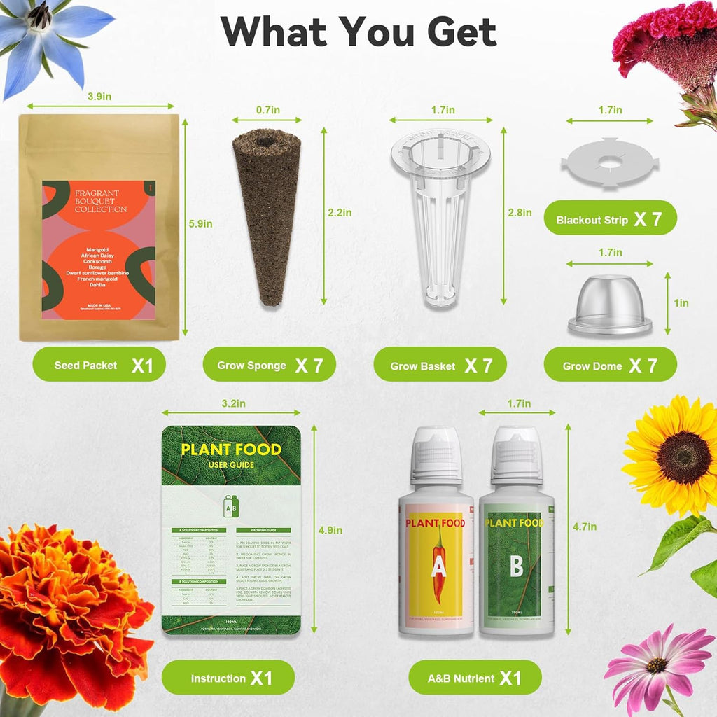 Inbloom Fragrant Bouquet Flower 7 Pods Seed Pod Kit for AeroGarden, iDoo, Ahopegarden, GARDENCUBE(350+ Flower Seeds with Marigold, Daisy, Cockscomb, Borage, Dwarf Sunflower Bambino, Marigold, Dahlia)