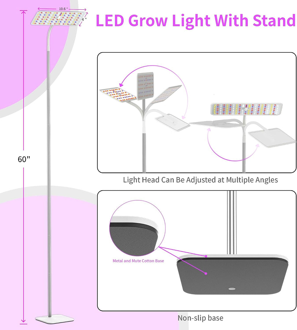 KINGPLUS Grow Lights with Stand, Full Spectrum Growing Light for Indoor Plants, 120 LEDs, 4 Dimmable Levels, Timer 4/8/12h, 12-60inches Height Adjustable,18w, Ideal for Desk Small Plants | 120 LEDs Full Spectrum Plants Growing Light, 12-60" Height Adjusta