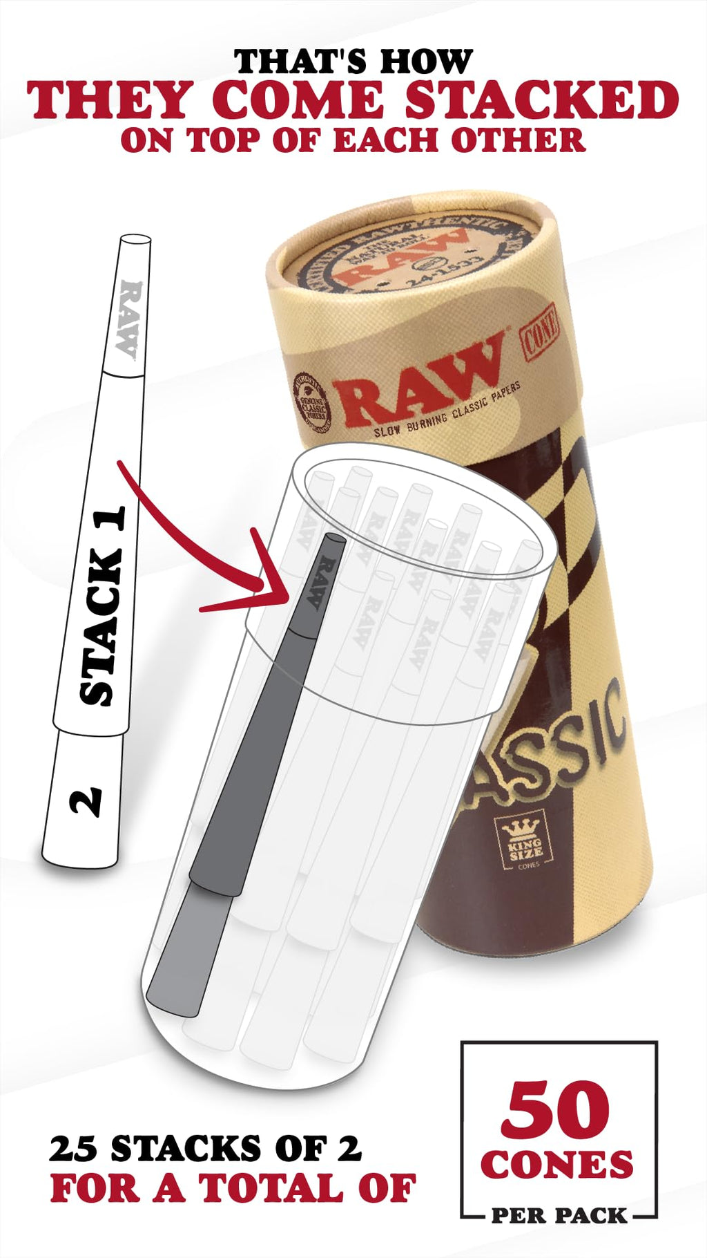 RAW Cones Classic King Size - 50 Pack - Slow Burning Pre Rolled Cones made of Paper with Tips & Packing Tubes Included