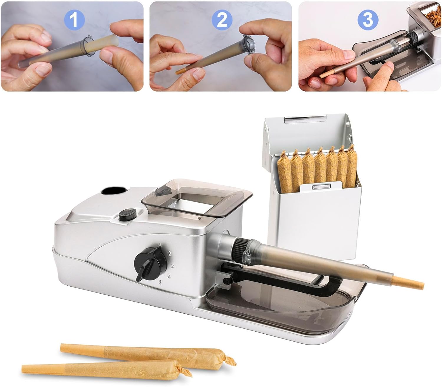 Electric Rolling Machine Set with Manual Herb Grinder and Pre-Roll Holder Case - Grind, Pack King Size Cones