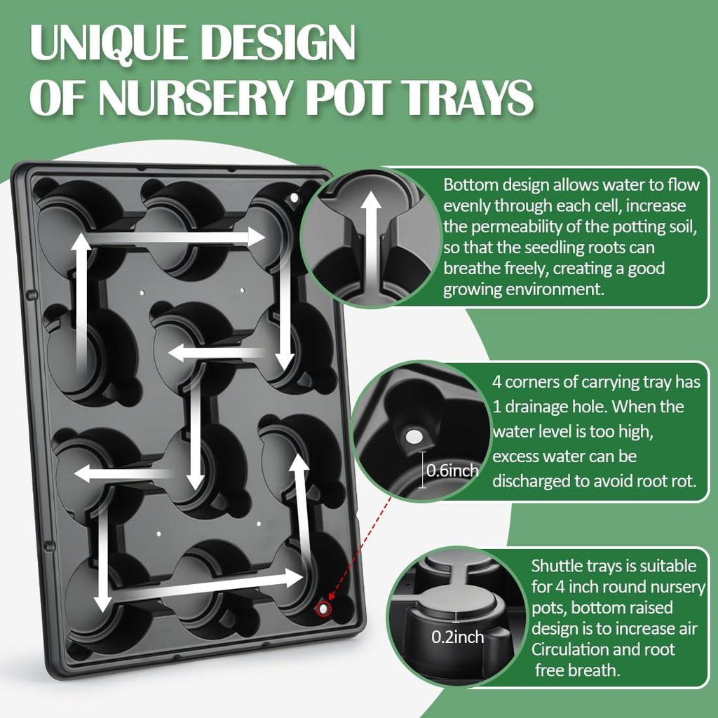 RooTrimmer 4 inch Round Nursery Pots 60pcs, 12 Cell Nursery Pots Trays 5 Pcs, Sturdy Seeds Starting Germination Shuttle Carrying Trays, Small Planter Nursery Propagation 5 Sets