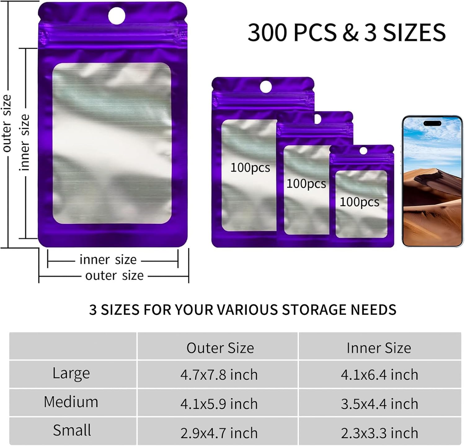 300 Pack 3 Sizes Resealable Mylar Holographic Bags Food Storage Smell Proof Bags with Front Window Packaging Pouch for Cookies Sample Jewelry Snack (Purple, 3 x 4.7 in,4 x 6 in,4.7 x 7.9 in)