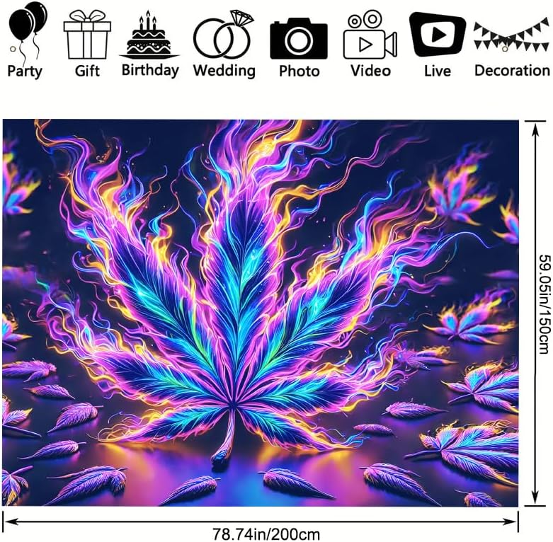 BlissYard Blacklight Tapestry Cannabis Leaf Bedroom Decor 78 x 59 Inch | Cannabis Leaf UV Wall Hanging Smoking Neon Backdrop for Bedroom Party Dorm Style