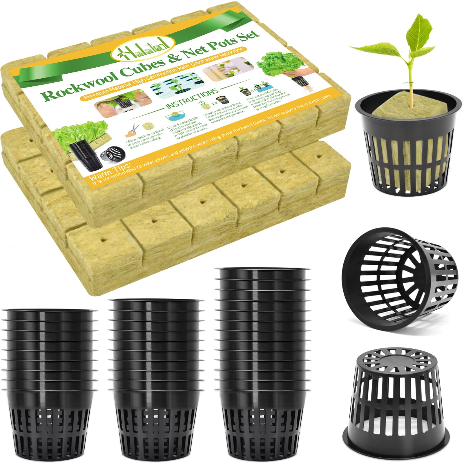 Halatool 144PCS 1.2" Rockwool Cubes & 120PCS 2" Net Cups for Hydroponics | Rockwool Garden Starter Plugs, Hydroponics Kit for Cuttings, Clone Plant, Propagation, Seed Starting & Soilless Cultivation