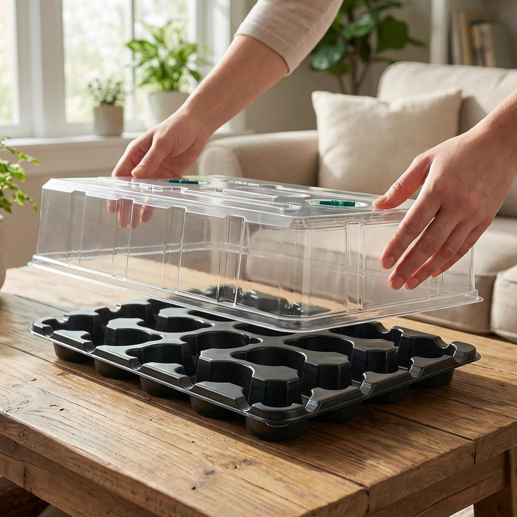 4 Pack 20 Cell Seed Starting Trays with 4 Vented Humidity Domes | Compatible with standard 3 inch nursery pots. Thick reusable trays have deep cells, raised bases and adjustable dome vents.