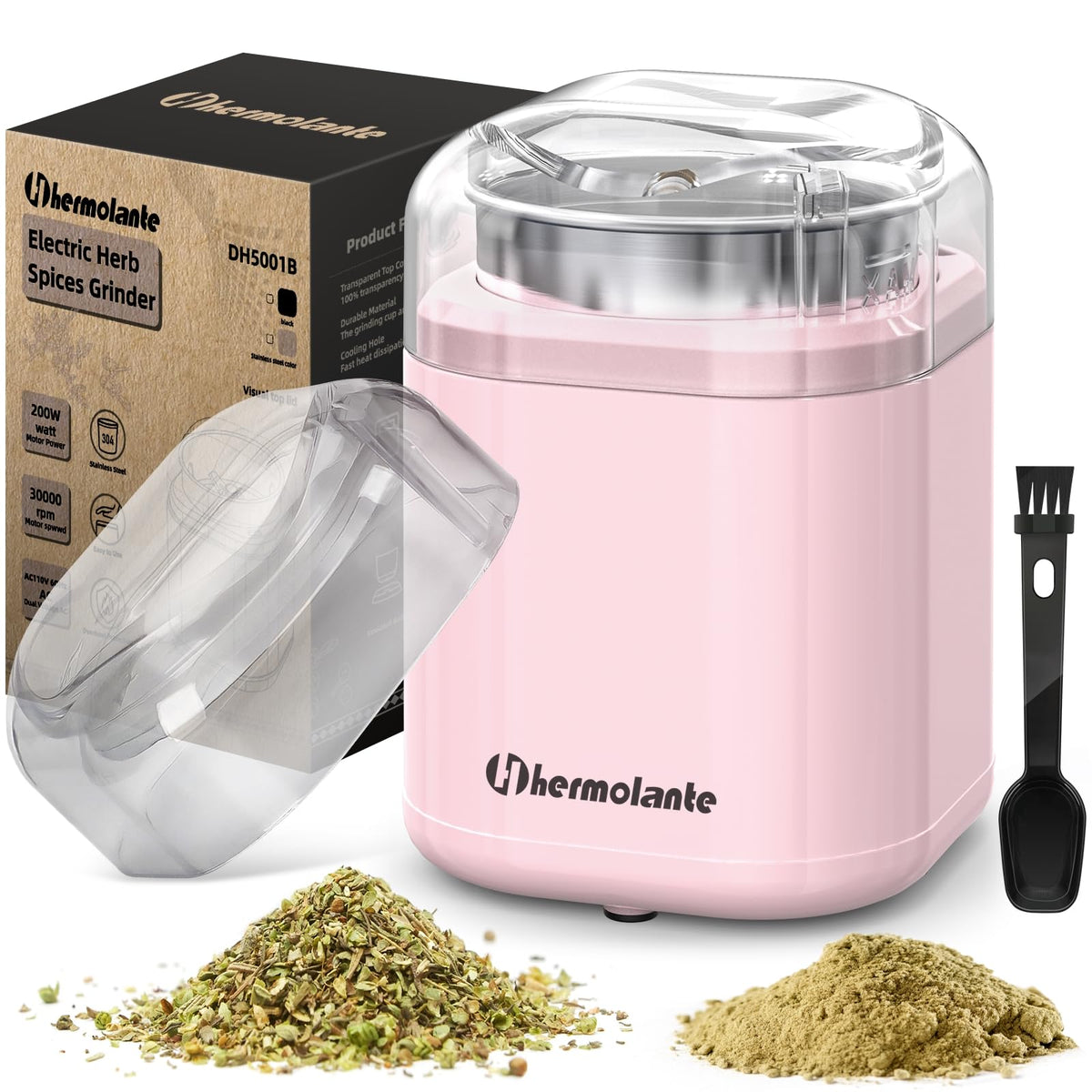 Hermolante Herb Grinder Spice Grinder, 200 w Herb Grinder with Stainless Steel Blade and Cleaning Brush, Compact Size Electric Grinder for Herbs and Spices -5.11in (Black)