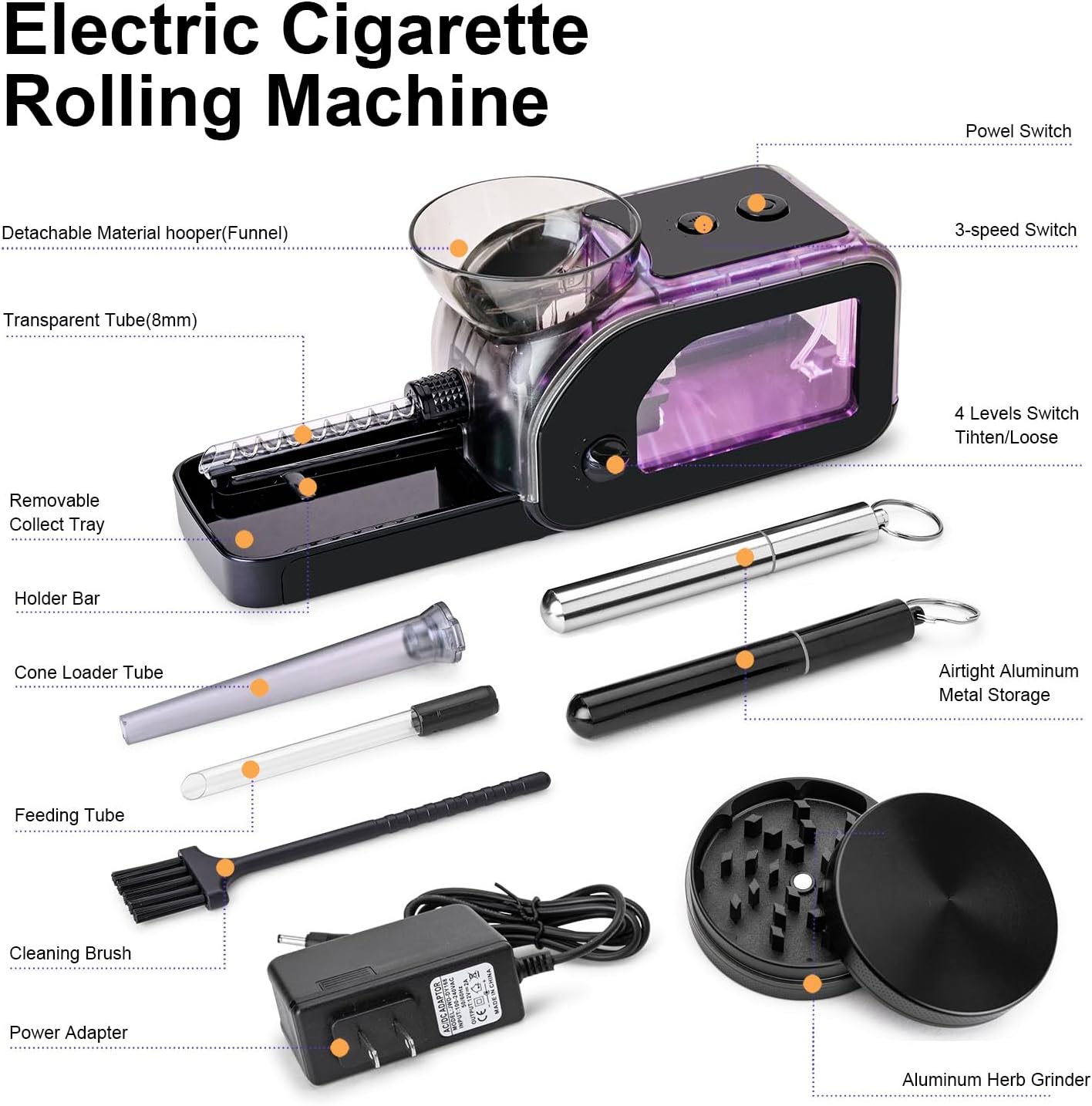 Electric Cigarette/Cone Rolling Machine Set with Manual Sipce Grinder,Automatic Cone Loader with LED Light, Portable Grinder Tobacco Injector Maker for King Size Pre Rolled Cone