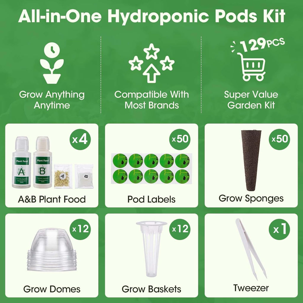 129 Pcs Hydroponic Pods Kit with A&B Plant Food, 50 Grow Sponges, 50 Plant Labels, 12 Grow Baskets, 12 Grow Domes and 1 Tweezers - Indoor Hydroponics Supplies