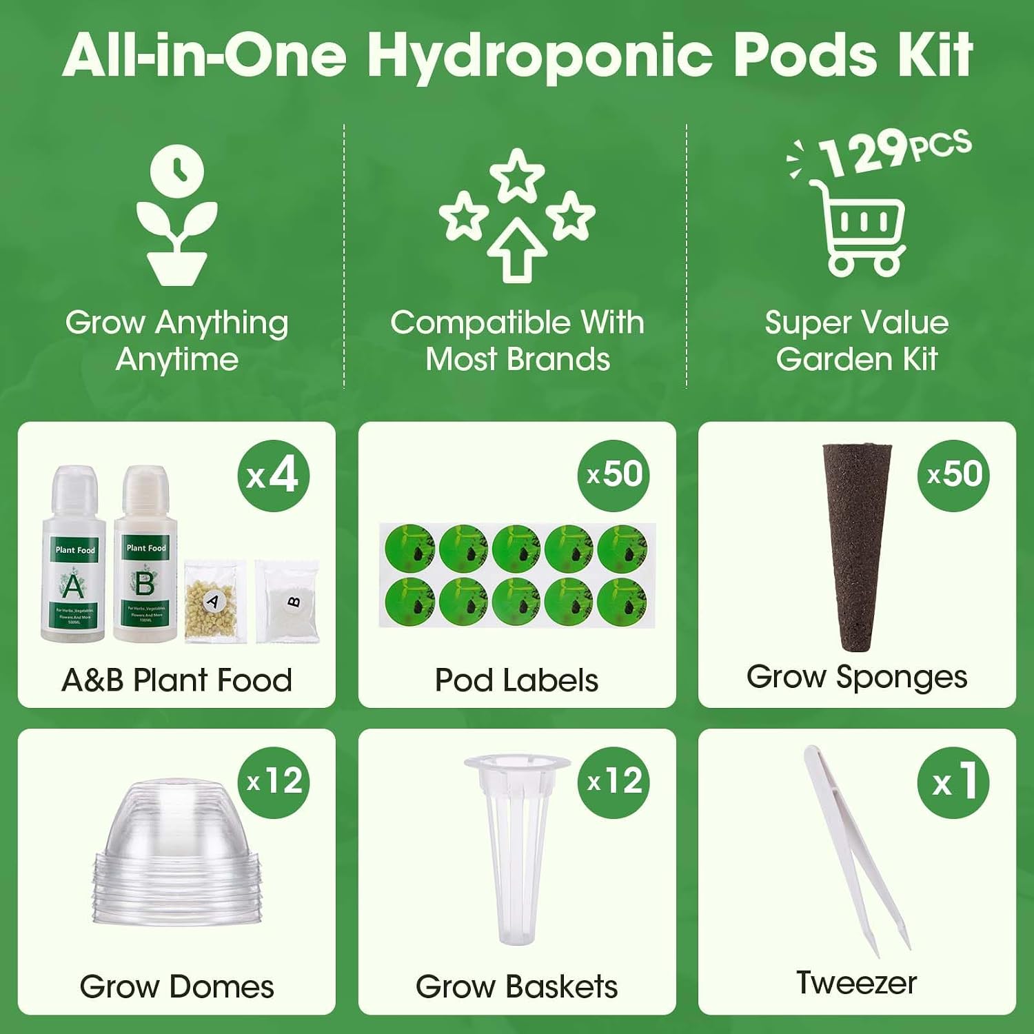 129 Pcs Hydroponic Pods Kit with A&B Plant Food, 50 Grow Sponges, 50 Plant Labels, 12 Grow Baskets, 12 Grow Domes and 1 Tweezers - Indoor Hydroponics Supplies