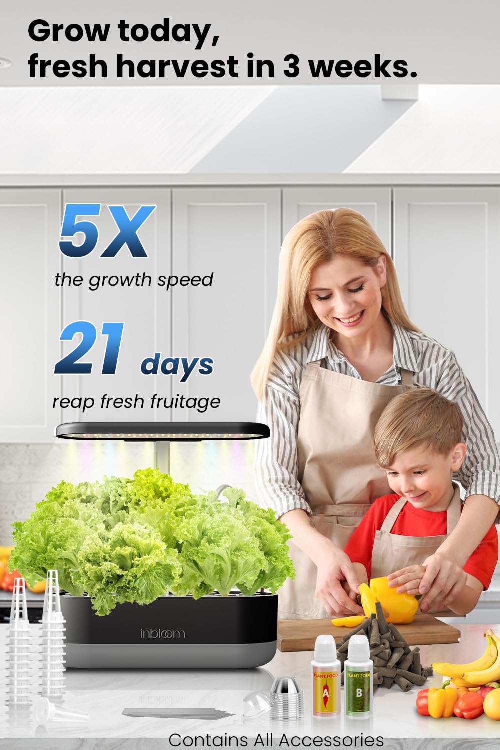 inbloom 12 Pods Hydroponics Growing System Kit, Herb Garden Planter Indoor Kit, Indoor Gardening Hydroponics Growing System with 4.2L Water Pump, Height Adjustable, Gifts for Woman, Transparent Black