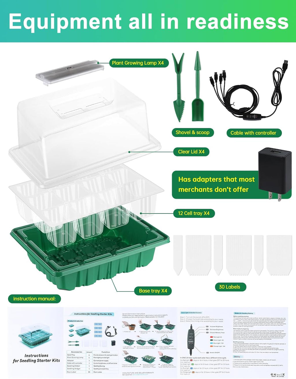 Seed Starter Tray Medium Size 4 Packs, Seed Starter Kit with Upgraded 24 Full Spectrum LEDs, Adjustable Brightness and Timer, with Drainage Holes, Tools and Labels for Indoor Plant Growing