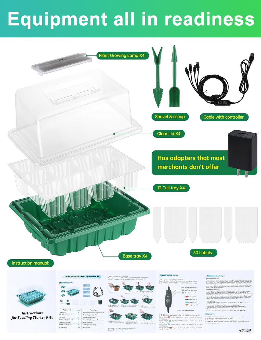 Seed Starter Tray Medium Size 4 Packs, Seed Starter Kit with Upgraded 24 Full Spectrum LEDs, Adjustable Brightness and Timer, with Drainage Holes, Tools and Labels for Indoor Plant Growing
