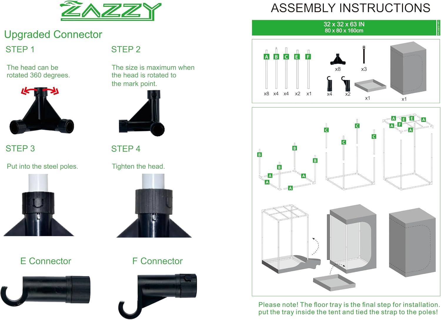 zazzy 3'X3' Grow Tent 32"x32"x63", High Reflective Mylar Growing Tent | Observation Window, Removable Floor Tray and Tool Bag for Planting Indoor Fruit Flower Veg