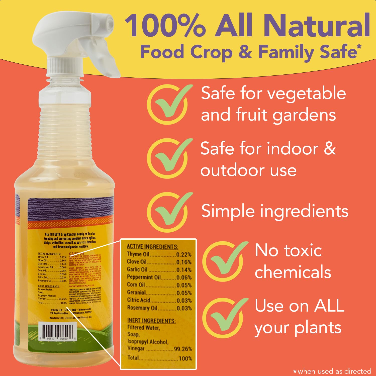Trifecta Crop Control Ready to Use Maximum Strength Natural Pesticide, Fungicide, Miticide, Insecticide, Help Defeat Spider Mites, Powdery Mildew, Botrytis and Mold on Plants 32 OZ Size