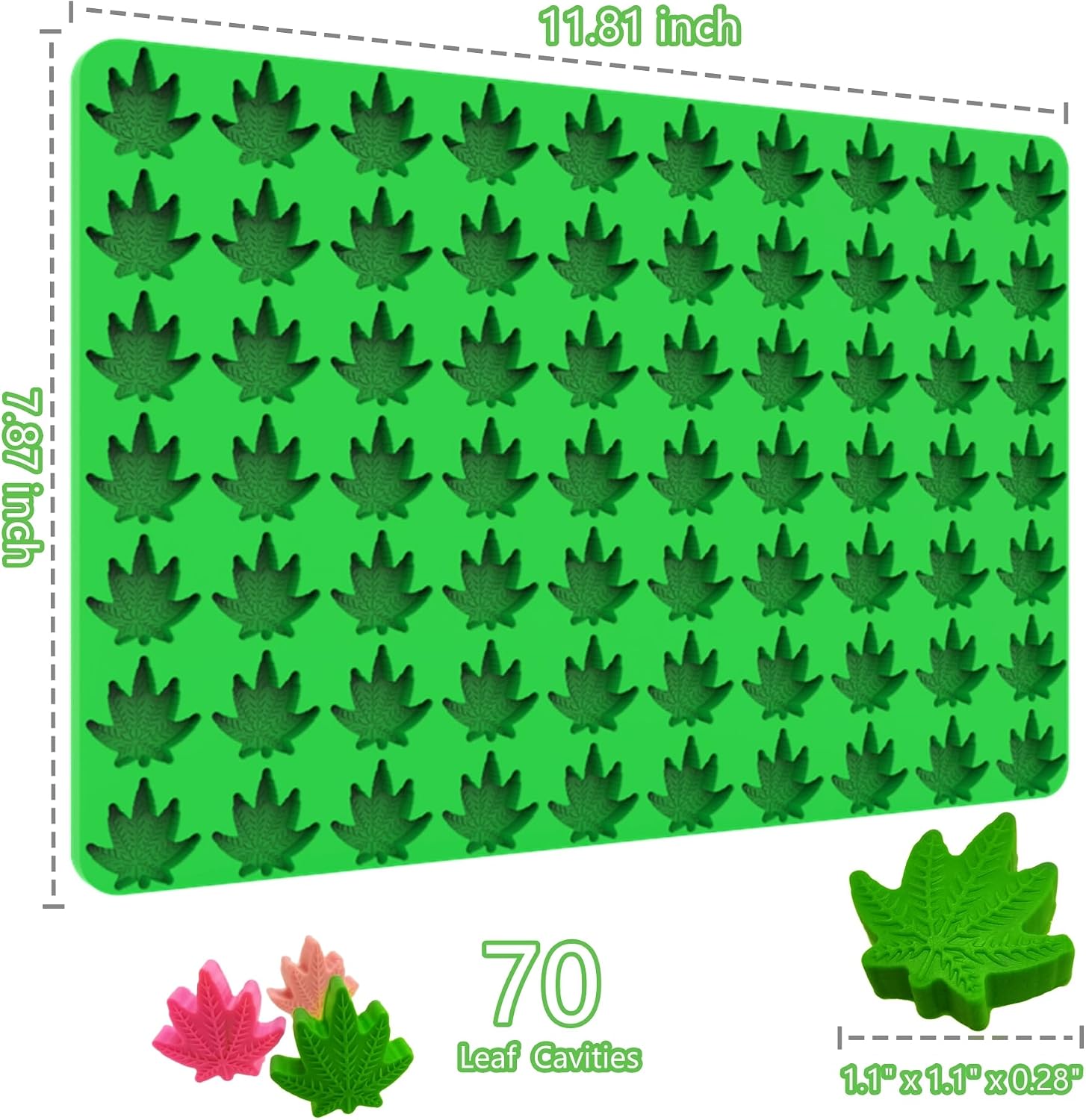 Leaf Silicone Molds For Chocolate Gummy Candy, Leaf Wax Melts Molds with Scraper (70 Cavities, Green)
