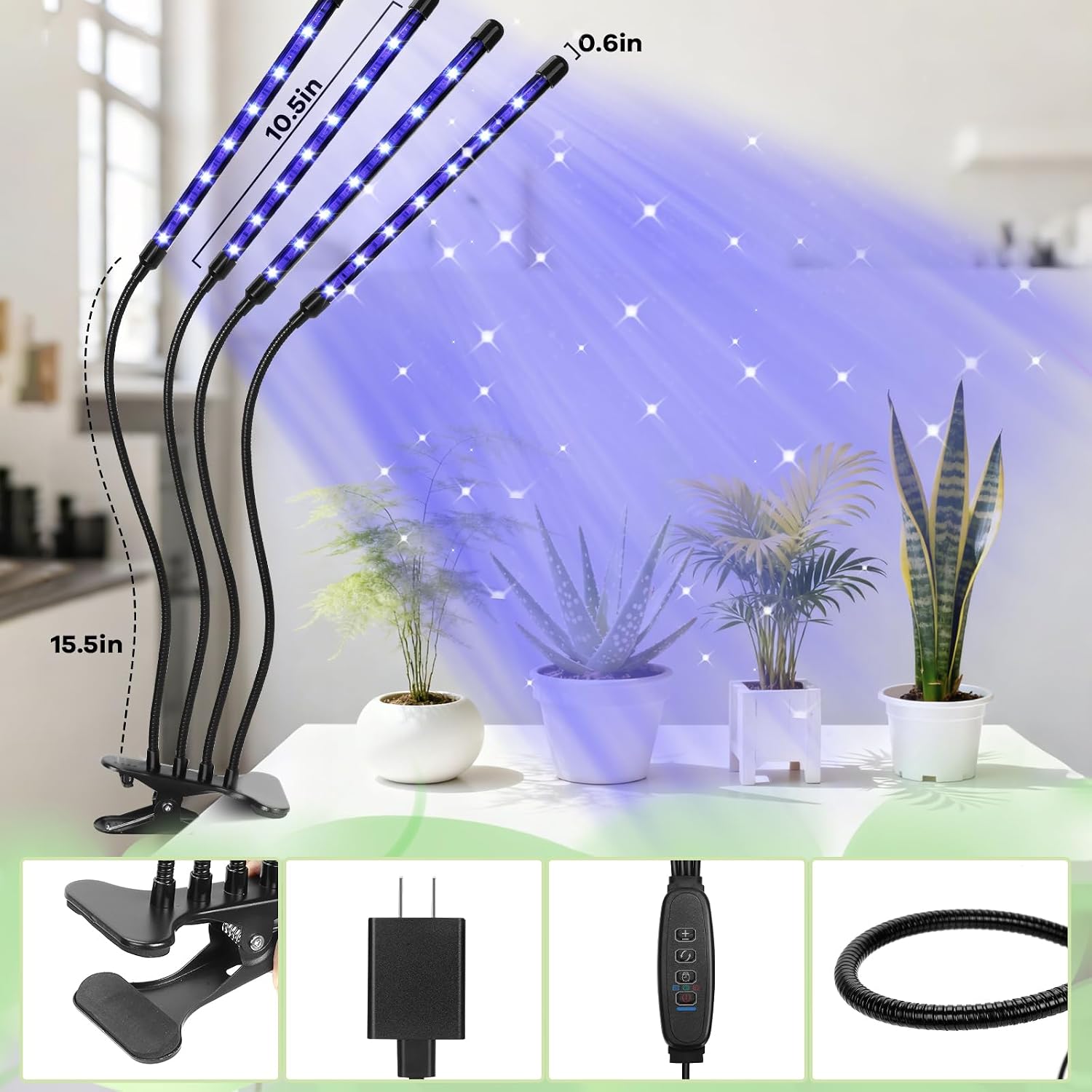Led Grow Lights, 4 Heads Red Blue Plant Light with Clamp for Indoor Plants & Seed Starting, 10-Level Dimmable, Auto On Off, Timing 3 9 12Hrs