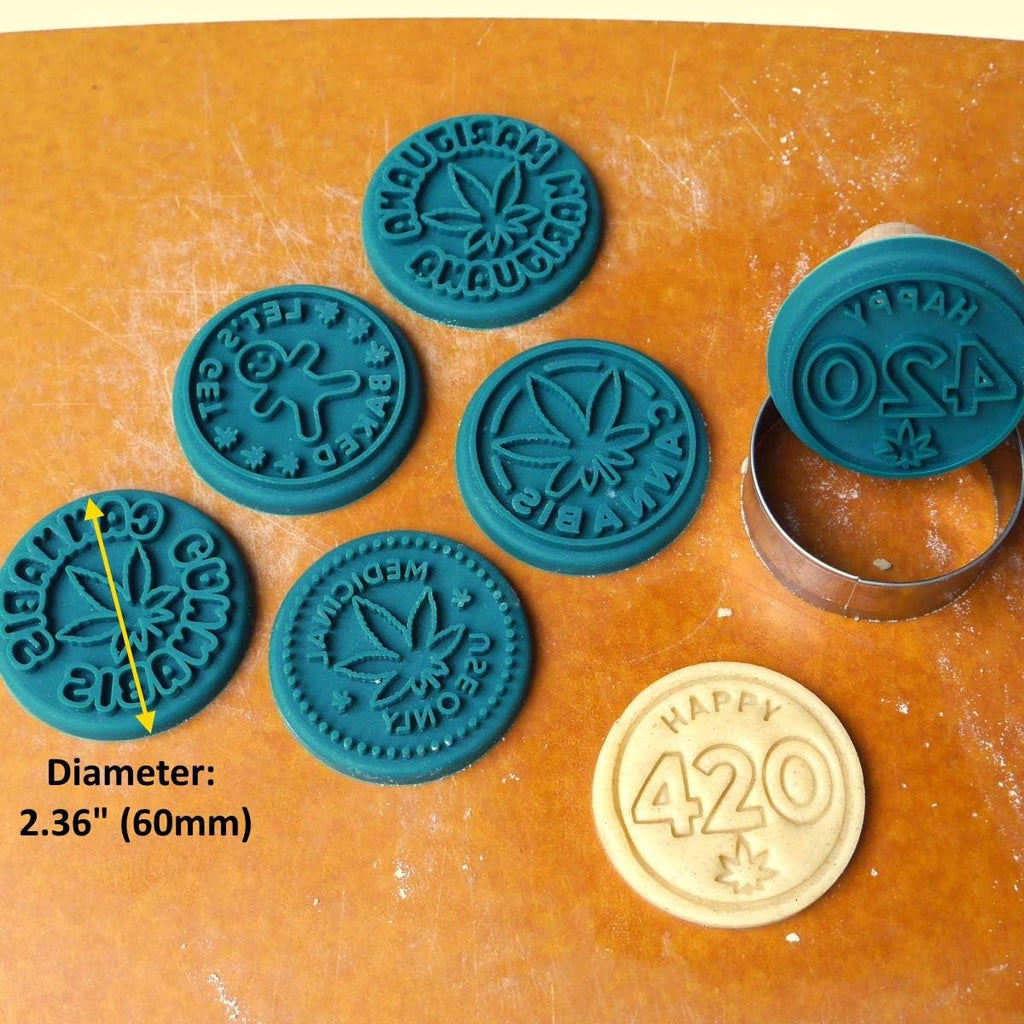 Marijuana Silicone Cookie Stamps, Stainless Steel Cookie Cutter, Wood Handle, Party Novelty Gift, 6 Stamp Set