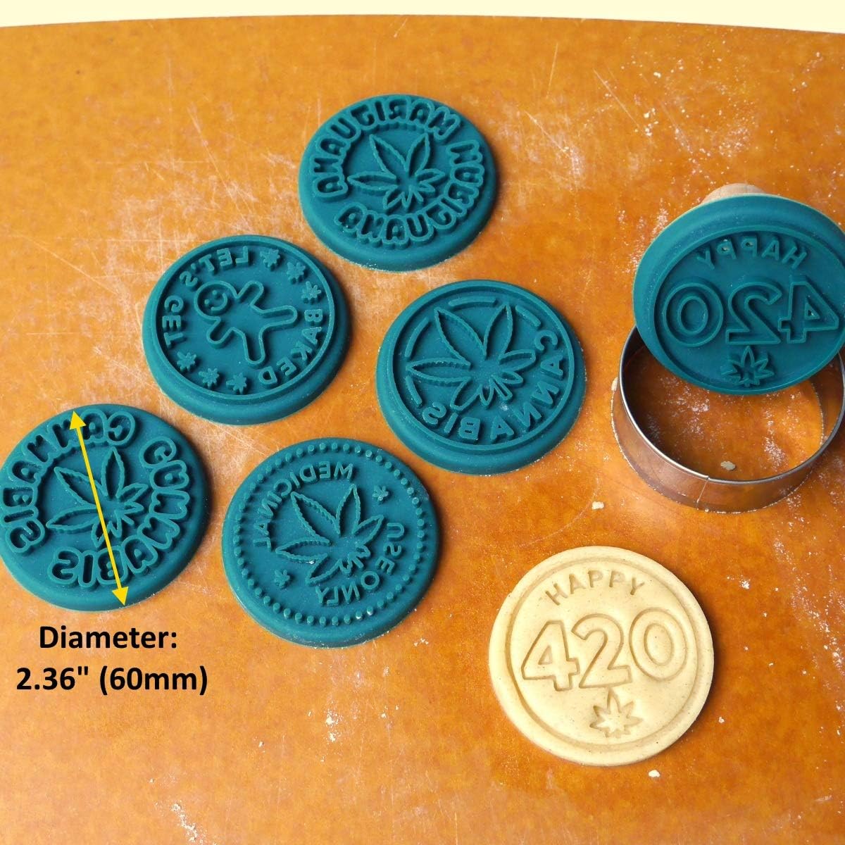 Marijuana Silicone Cookie Stamps, Stainless Steel Cookie Cutter, Wood Handle, Party Novelty Gift, 6 Stamp Set