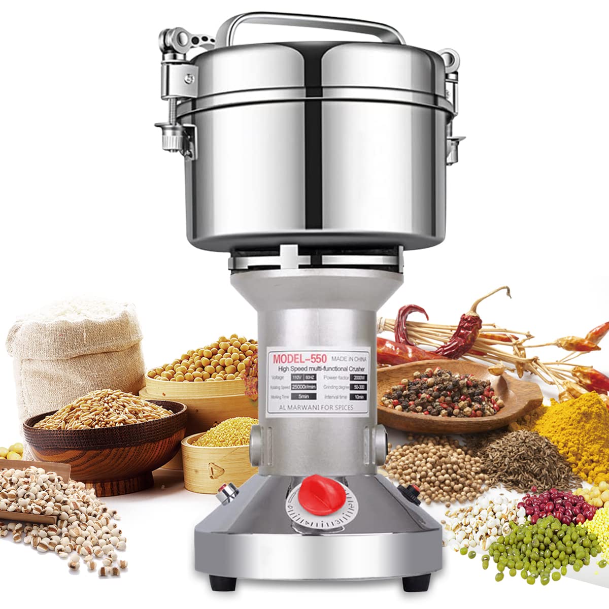 Electric Grain Grinder Mill 1000g High-speed Spice Herb Mill Commercial Powder Machine for Dry Cereals Grain Herb Spice Coffee Corn Bean (1000g Stand Type)
