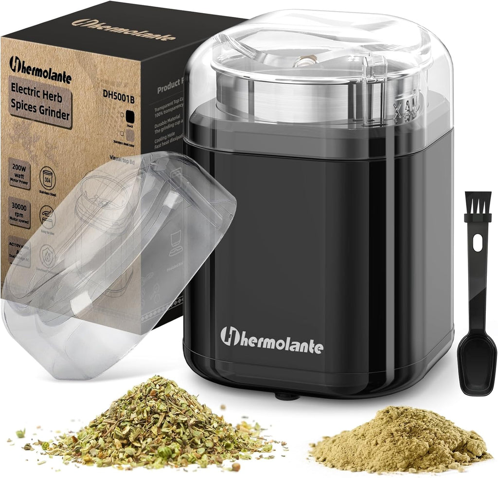 Hermolante Herb Grinder Spice Grinder, 200 w Herb Grinder with Stainless Steel Blade and Cleaning Brush, Compact Size Electric Grinder for Herbs and Spices -5.11in (Black)