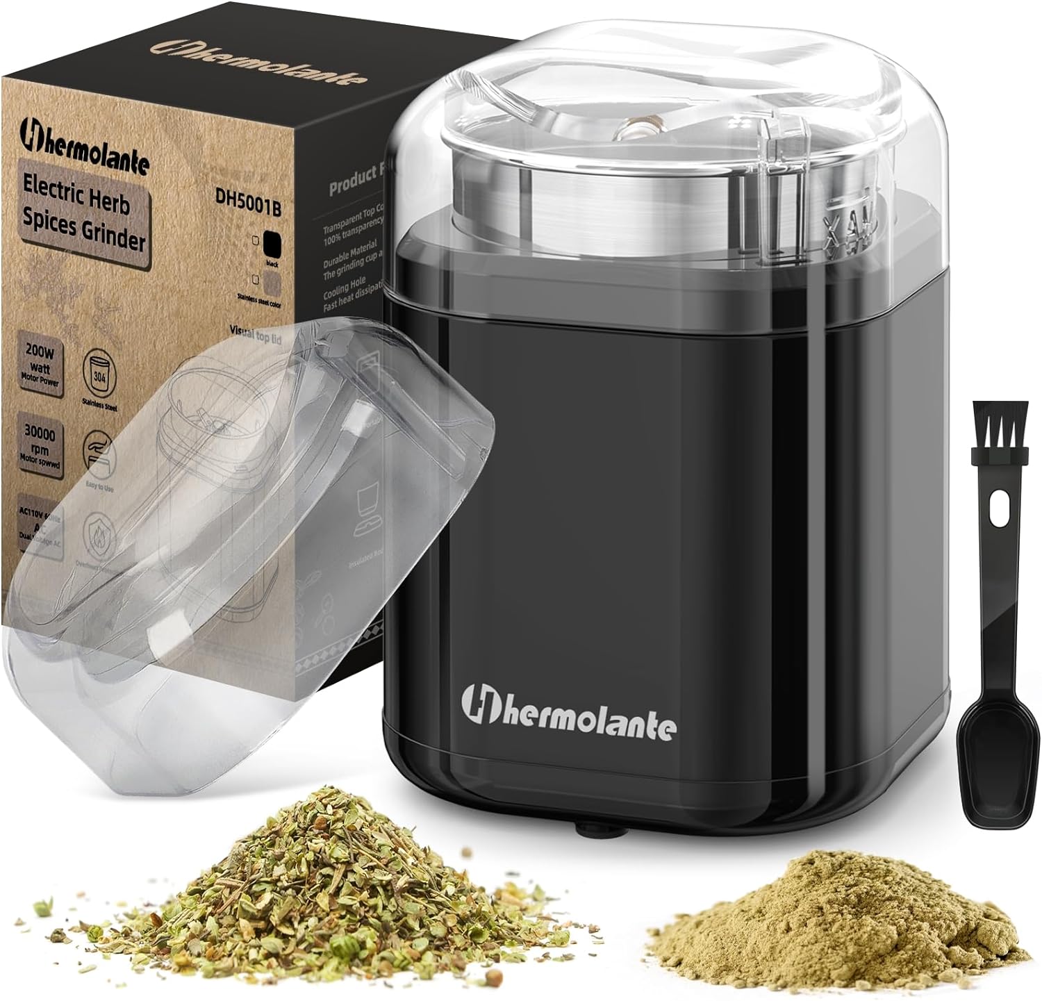 Hermolante Herb Grinder Spice Grinder, 200 w Herb Grinder with Stainless Steel Blade and Cleaning Brush, Compact Size Electric Grinder for Herbs and Spices -5.11in (Black)