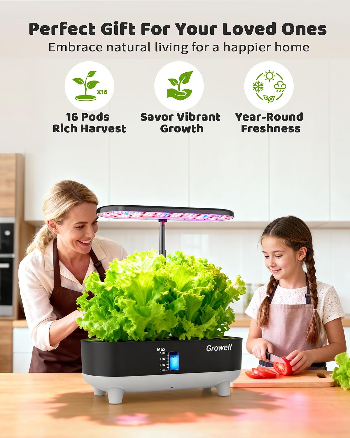 Growell 16 Pods Hydroponics Growing System Kit with 3 Light Modes & 2 Timer | Smart Water Circulation, LED Grow Light, 8L Large Water Tank, Coutertop, Indoor Herb Garden, Perfect Gardening Gifts, Black