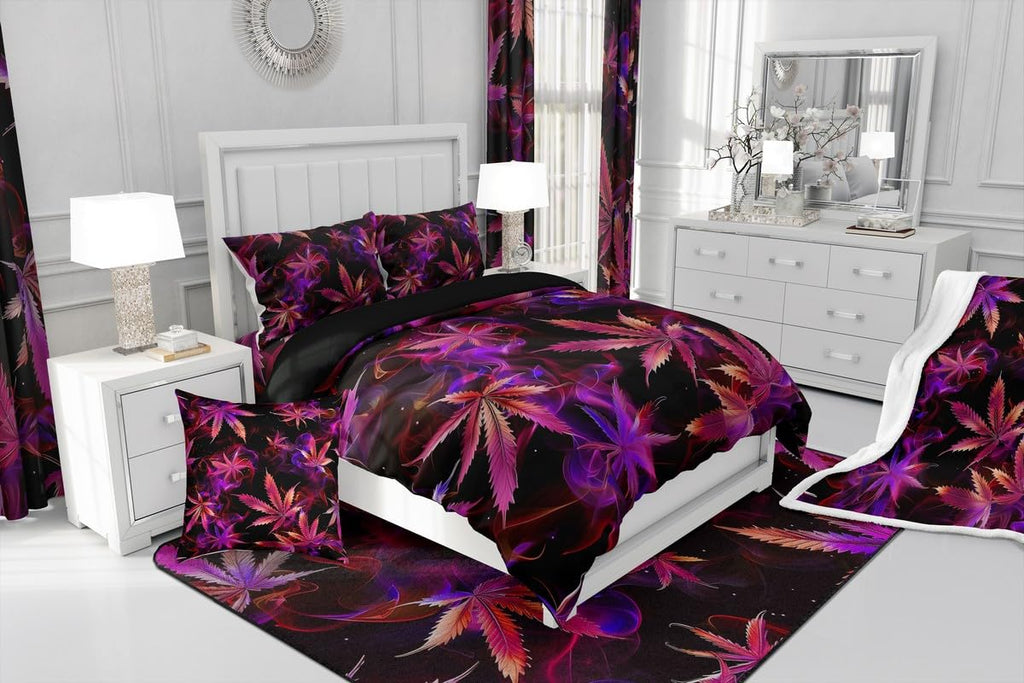 Cannabis Leaf Comforter Set Queen Size 3 Pcs,Marijuana Leaf Weed Psychedelic Bedding Set,Neon Green Leaves Botanical Trippy Quilt Set for Young Adults,2 Pillowcases
