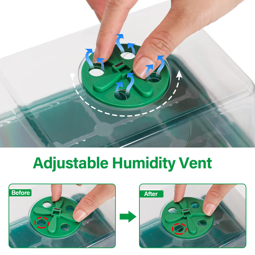 Seed Starter Trays with 12-LED Grow Lights, Clear, 5 Pack | 5 clear-base seedling kits, 60 cells, 12-LED grow light per tray, vented humidity domes, drainage holes, 1-to-5 USB cable