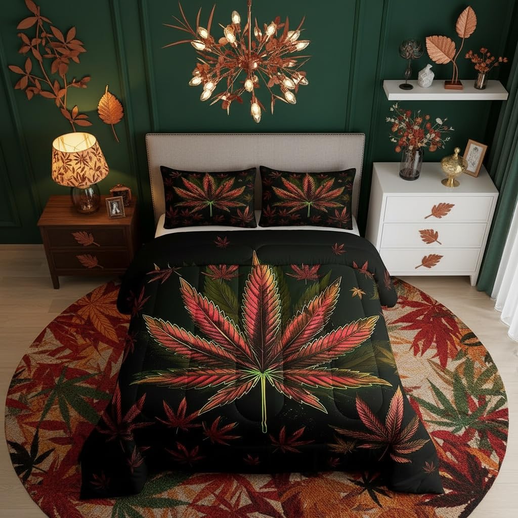 Cannabis Leaf Comforter Set Queen Size 3 Pcs,Marijuana Leaf Weed Psychedelic Bedding Set,Neon Green Leaves Botanical Trippy Quilt Set for Young Adults,2 Pillowcases