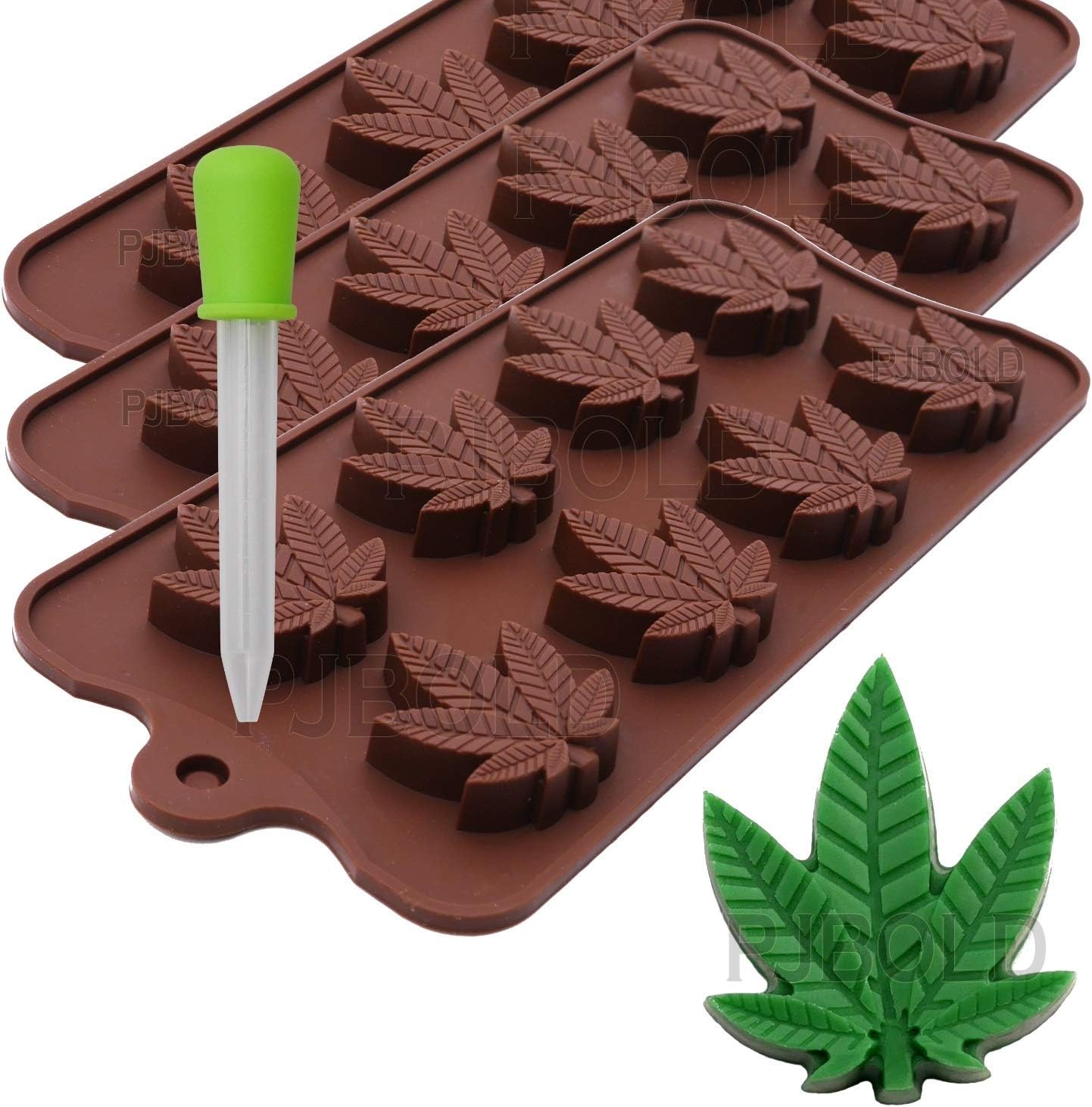 Marijuana Leaf Silicone Trays for Chocolate Gummies Party Novelty Gift Mold with Dropper, 3 Pack