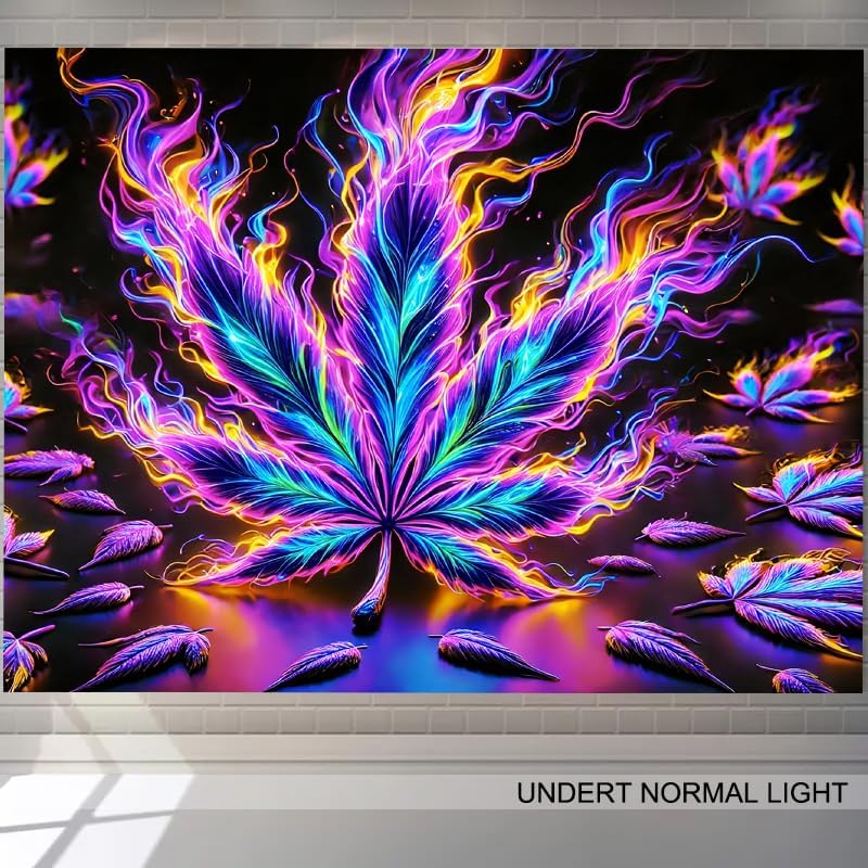 BlissYard Blacklight Tapestry Cannabis Leaf Bedroom Decor 78 x 59 Inch | Cannabis Leaf UV Wall Hanging Smoking Neon Backdrop for Bedroom Party Dorm Style