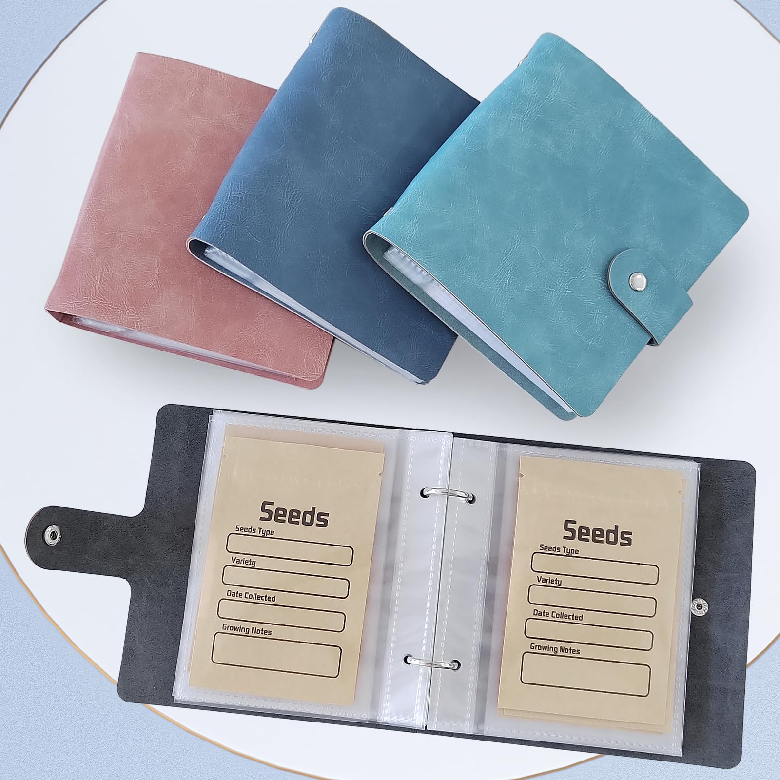 Seed Organizer Storage Binder with 50 PCS Resealable Seed Envelopes, Cyan | 50 Pockets, 3.5x5 Inch Clear Sleeves, Seed Saver for Garden Lover