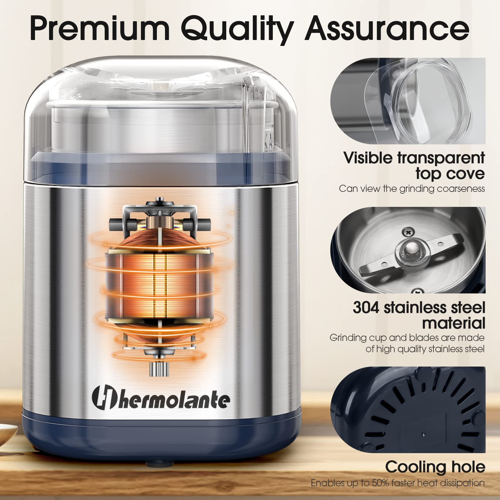 Hermolante Herb Grinder Spice Grinder, 200 w Herb Grinder with Stainless Steel Blade and Cleaning Brush, Compact Size Electric Grinder for Herbs and Spices -5.11in (Black)