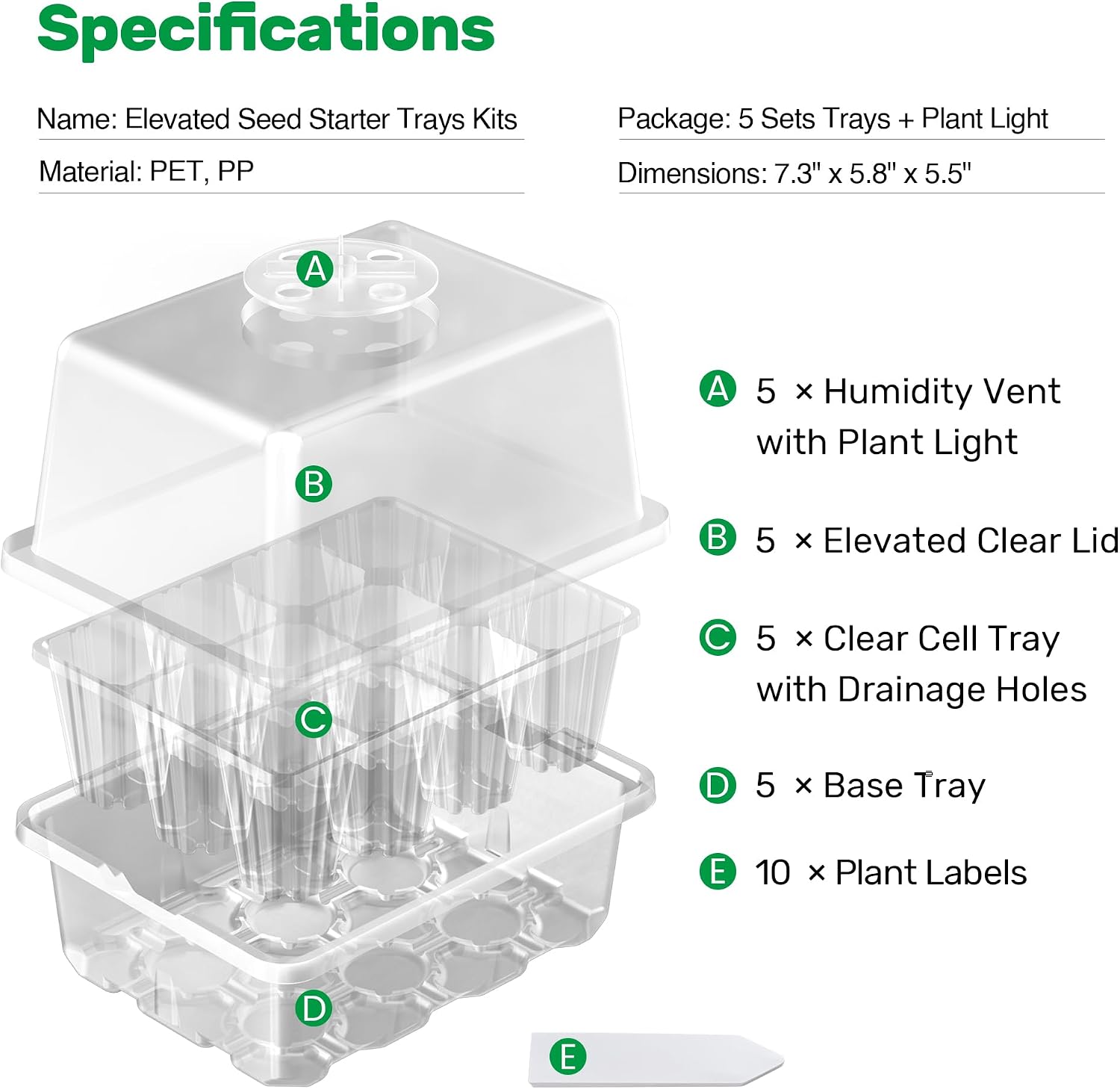 10-Pack Seed Starter Trays, Tall Dome, Base, 12-Cell Tray, Clear | 10 Seedling Kits with Tall Domes for Large Seed Starting. Adjustable Vents, Clear Trays & Heat Mat Compatibility, Indoor Use