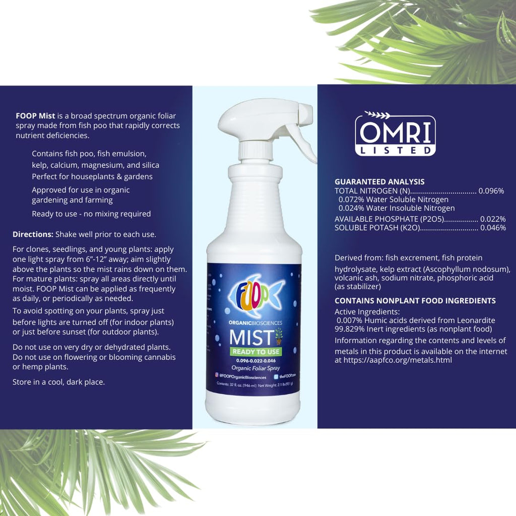 FOOP Mist Foliar Spray - Organic Plant Food in a Spray Bottle (with a Fresh Minty Scent) | Spray on Plants to Correct & Prevent Nutrient Deficiencies | Ready to Use, No Mixing (32oz)