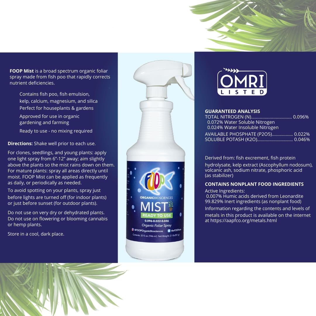 FOOP Mist Foliar Spray - Organic Plant Food in a Spray Bottle (with a Fresh Minty Scent) | Spray on Plants to Correct & Prevent Nutrient Deficiencies | Ready to Use, No Mixing (32oz)