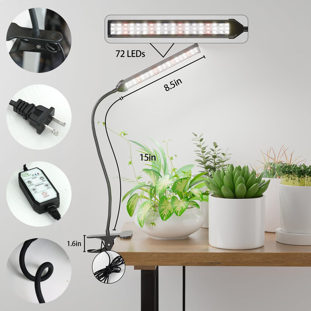 Grow Light,24W (160Watts Equiv) 5000K White Full Spectrum LED Growing Lamp Clip on Desk for Indoor Plants,Bulbs Replaceable & Non-dimmable (Black, 80Watts)