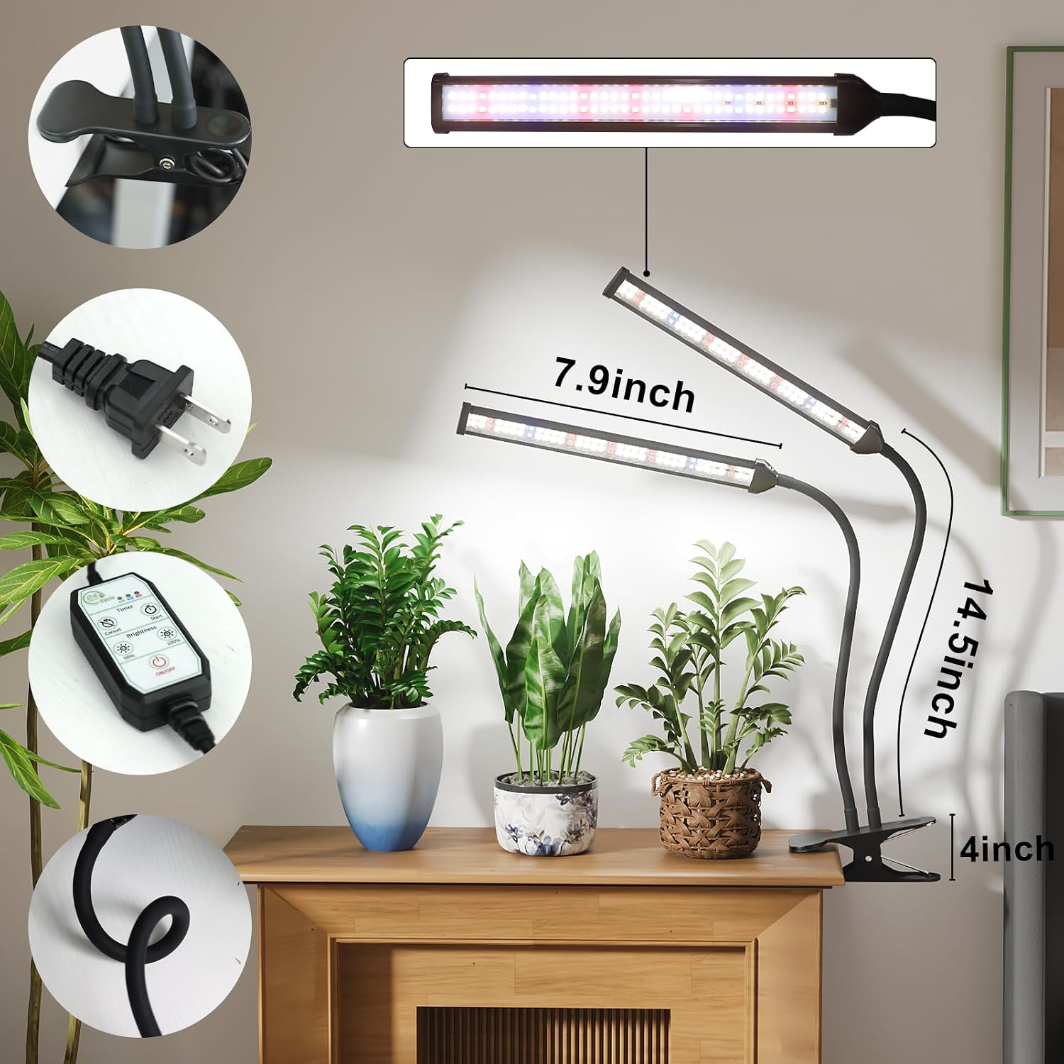 Grow Light,24W (160Watts Equiv) 5000K White Full Spectrum LED Growing Lamp Clip on Desk for Indoor Plants,Bulbs Replaceable & Non-dimmable (Black, 80Watts)