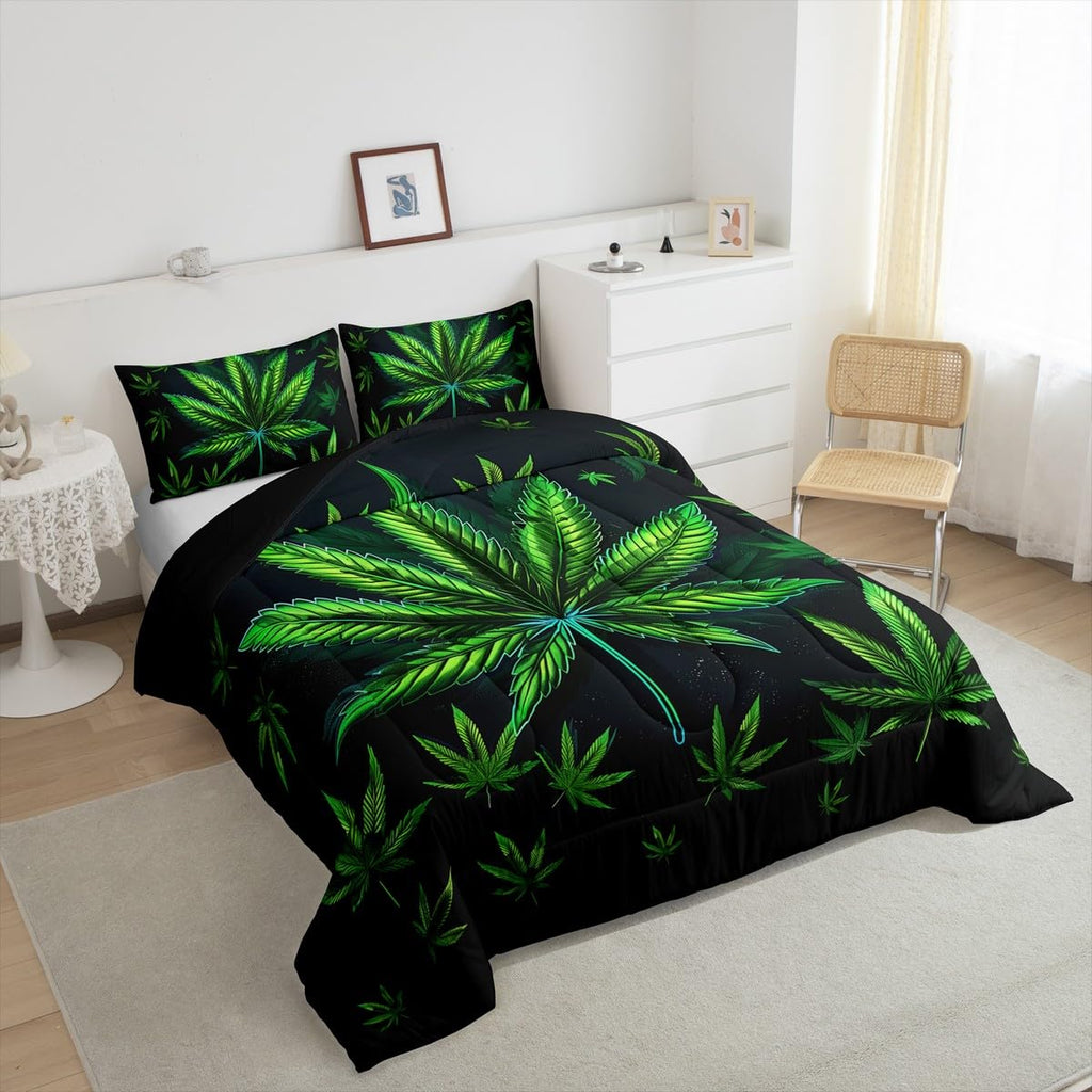 Cannabis Leaf Comforter Set Queen Size 3 Pcs,Marijuana Leaf Weed Psychedelic Bedding Set,Neon Green Leaves Botanical Trippy Quilt Set for Young Adults,2 Pillowcases