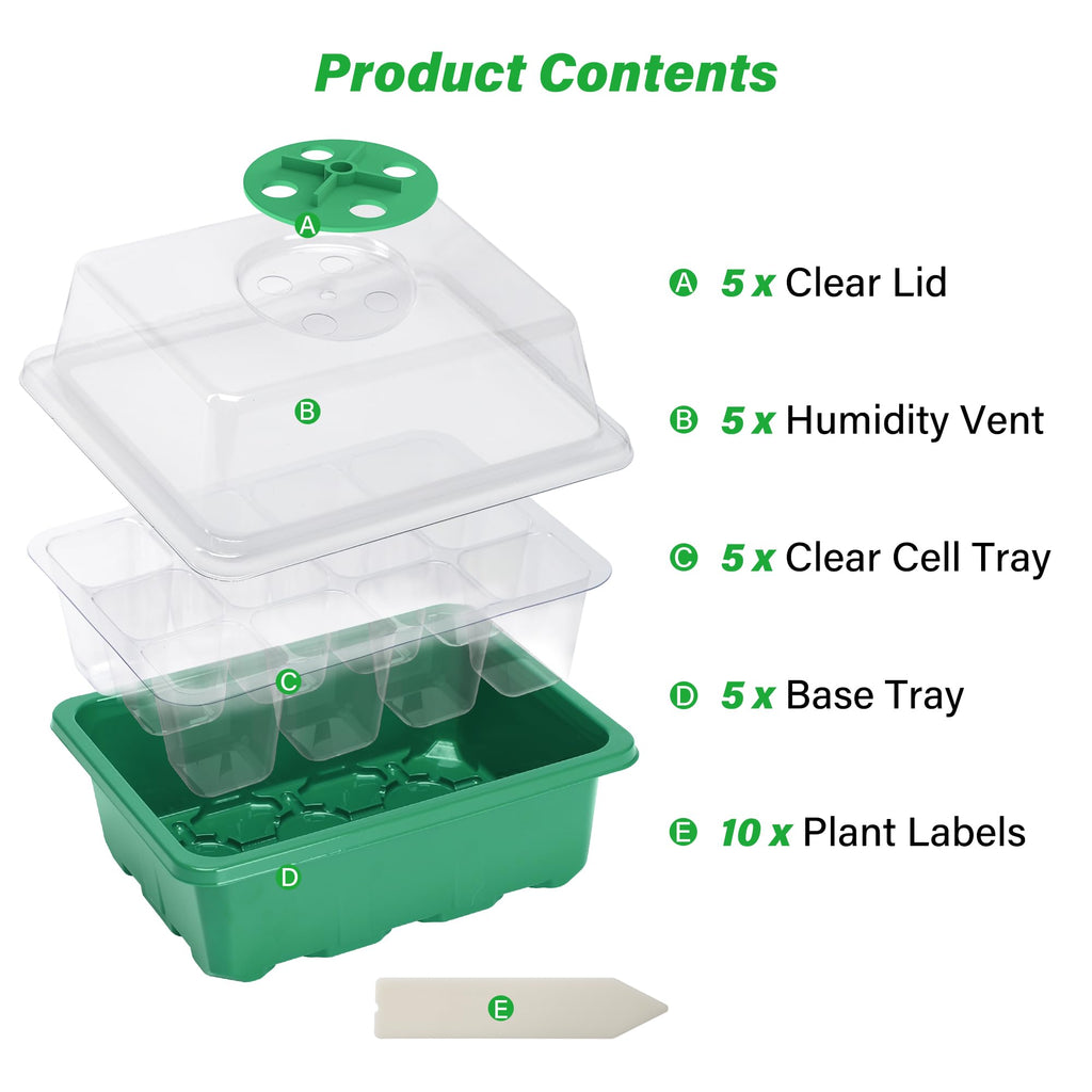 10-Pack Seed Starter Trays, Tall Dome, Base, 12-Cell Tray, Clear | 10 Seedling Kits with Tall Domes for Large Seed Starting. Adjustable Vents, Clear Trays & Heat Mat Compatibility, Indoor Use