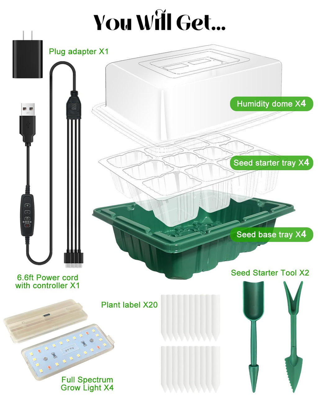 Seed Starter Tray with Grow Light (2x 24-LED), 2 Pack for Seed Starting | Seed Starter Kit with Humidity Domes and Timing Controller, Adjustable Brightness, Reusable Thicken Seedling Starter
