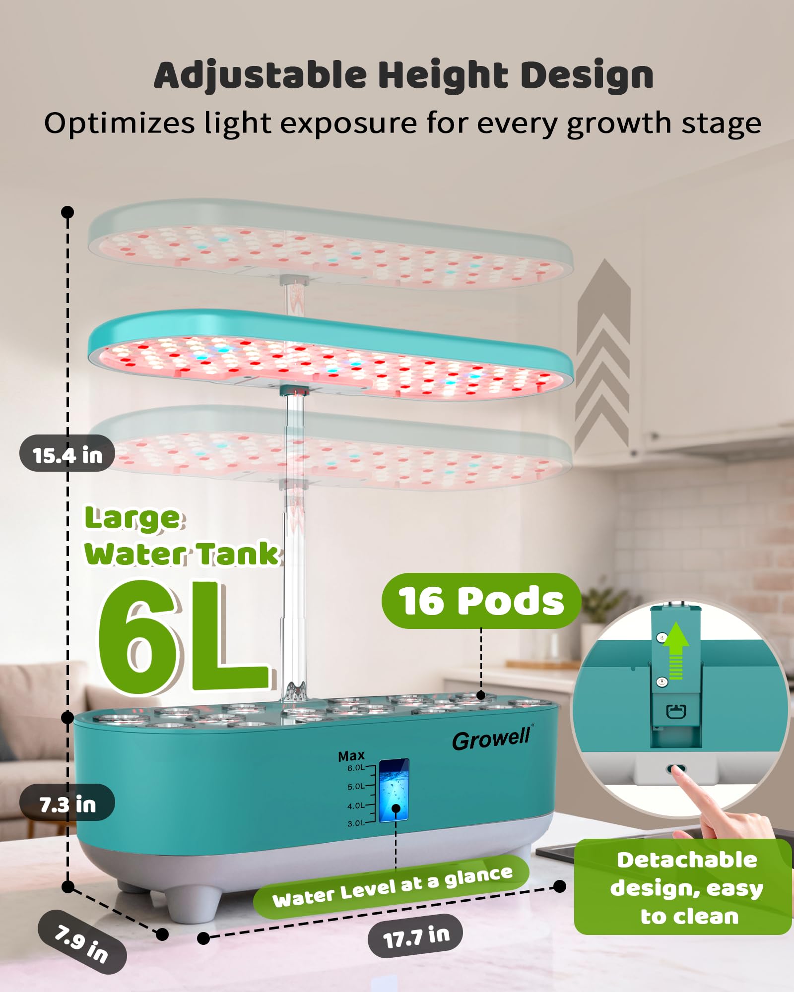 Growell 16 Pods Hydroponics Growing System Kit with 3 Light Modes & 2 Timer | Smart Water Circulation, LED Grow Light, 8L Large Water Tank, Coutertop, Indoor Herb Garden, Perfect Gardening Gifts, Black