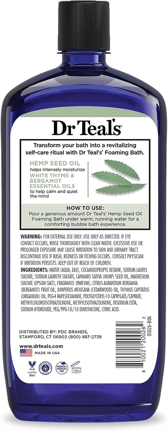Dr Teal's Foaming Bath with Pure Epsom Salt, Cannabis Sativa Hemp Seed Oil, 34 fl oz (Pack of 4)