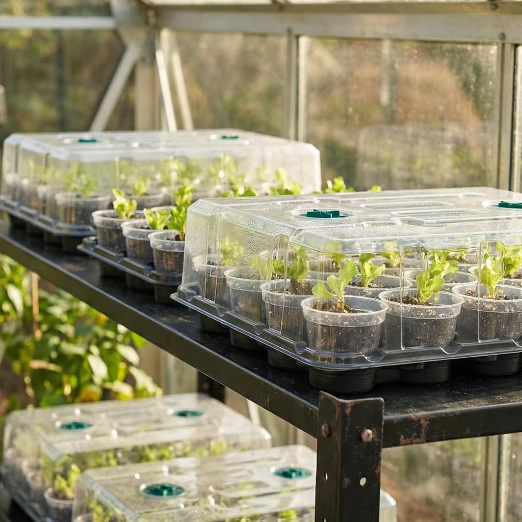 4 Pack 20 Cell Seed Starting Trays with 4 Vented Humidity Domes | Compatible with standard 3 inch nursery pots. Thick reusable trays have deep cells, raised bases and adjustable dome vents.