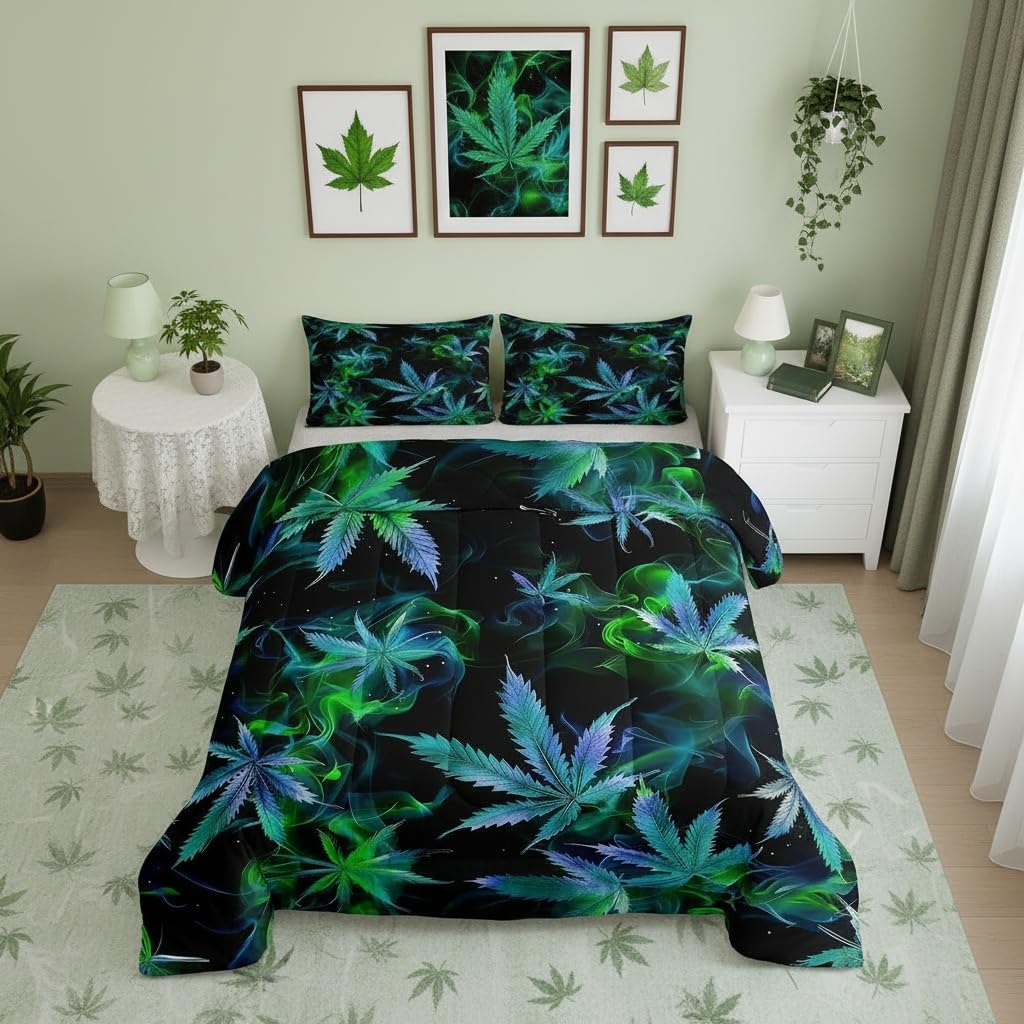 Cannabis Leaf Comforter Set Queen Size 3 Pcs,Marijuana Leaf Weed Psychedelic Bedding Set,Neon Green Leaves Botanical Trippy Quilt Set for Young Adults,2 Pillowcases